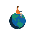 Remote werker, zittend met laptop op de wereldbol 